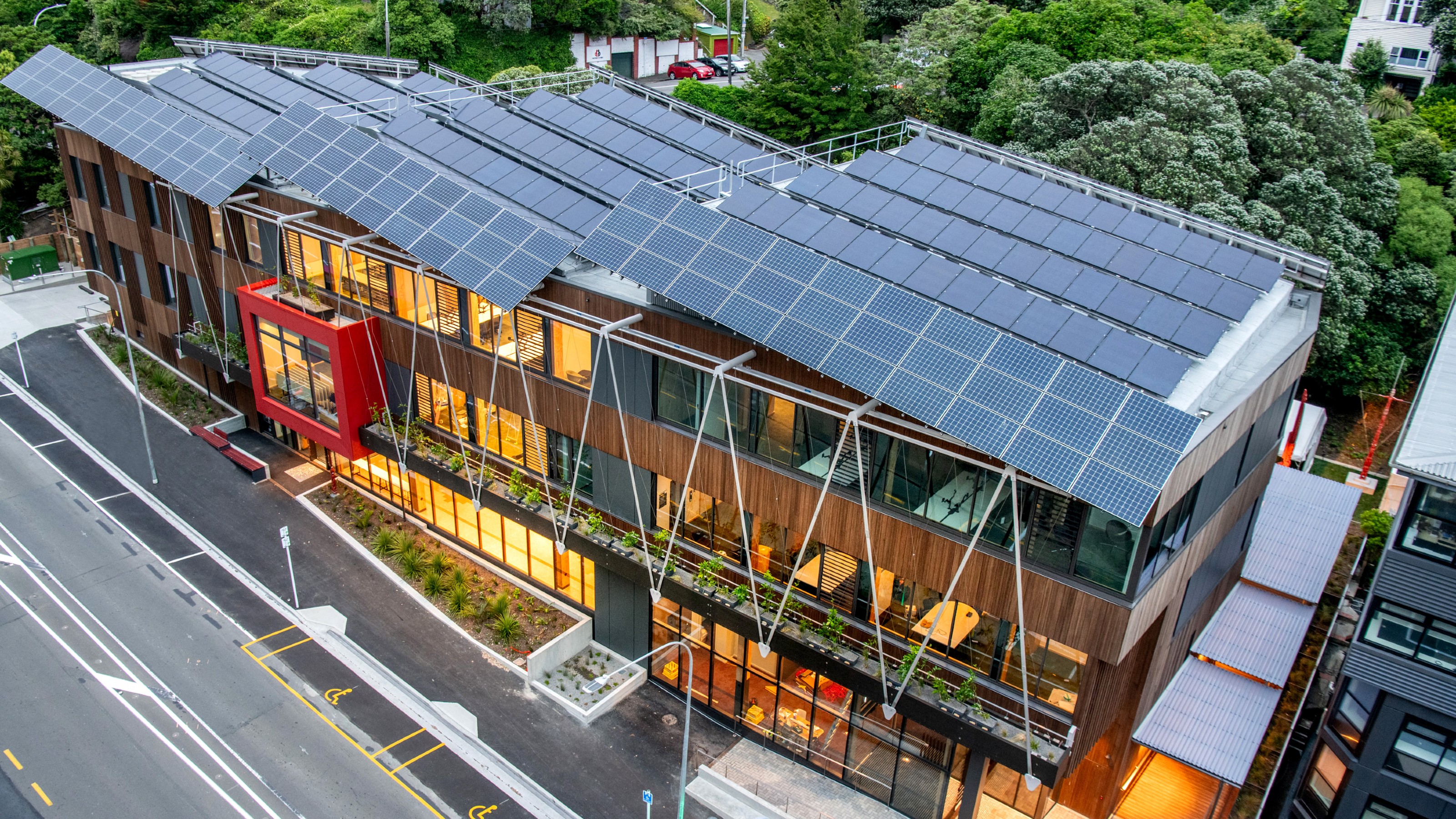 Ngā Mokopuna from above looking down on the solar panel roof