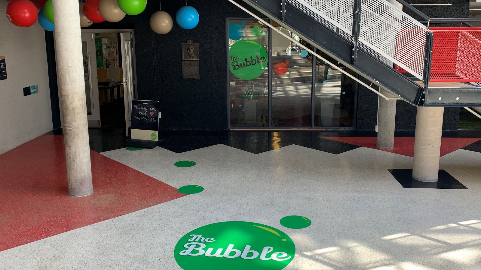 The outside of The Bubble wellbeing space.