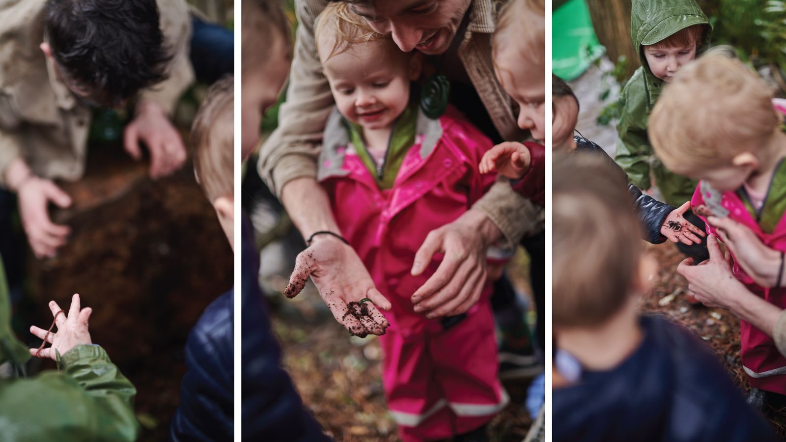 Three frames showing an early childhood teacher, Josh, inspecting worms with young children.