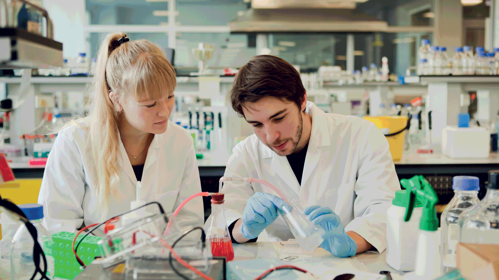 Two students in a chemistry lab wear white lab coats while running an experiement. 