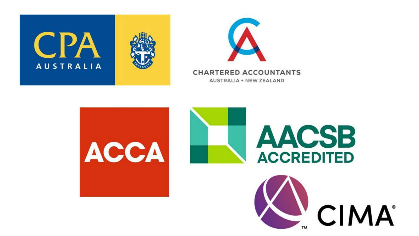 Five logos - CPA Australia, Chartered Accountants, ACCA, AACSB Accredited, CIMA.