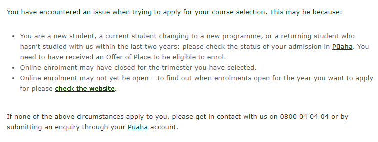 Screenshot of the 'not eligible to enrol' error in the University's online course enrolment system.