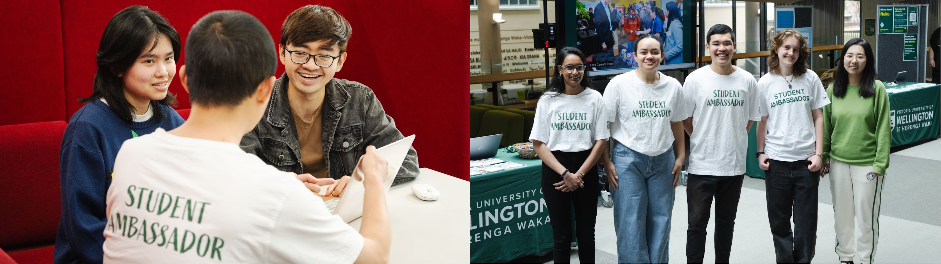 Two photos, one of a person in a t-shirt saying 'student ambassador' talking to two asian students, the second of a group of five students mostly wearing 'student ambassador' shirts and standing by a university-branded table.