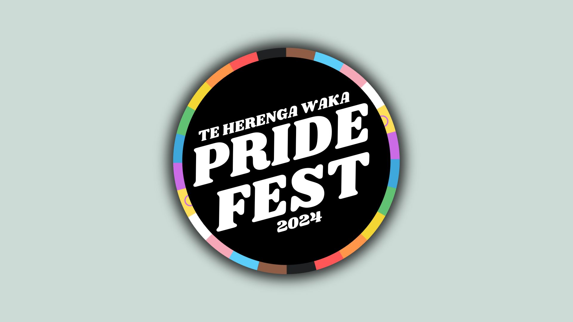 'Te Herenga Waka Pride Fest 2024' surrounded by an inclusive rainbow flag circular border