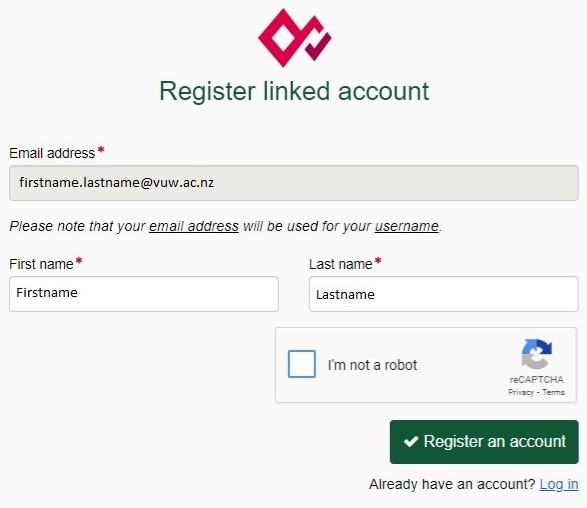 A screenshot of the Hokai staff account registration screen showing a field for email address, First name and last name, a reCAPTCHA checkbox and a button for register an account