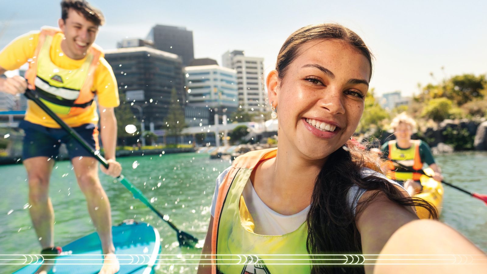 A group of students kayaking in Wellington's lagoon.