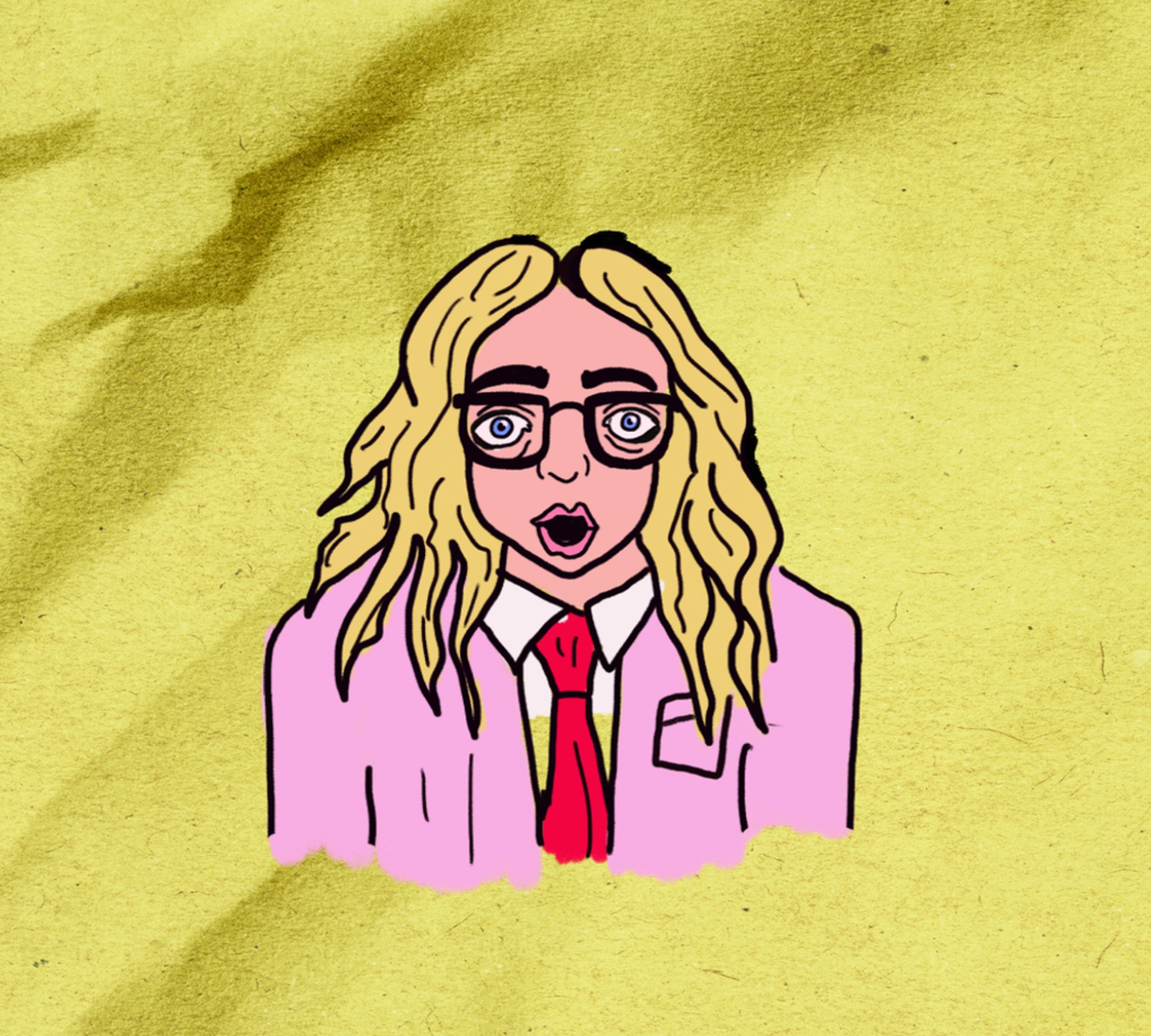 Illustration of a blond person with long hair wearing a pink suite
