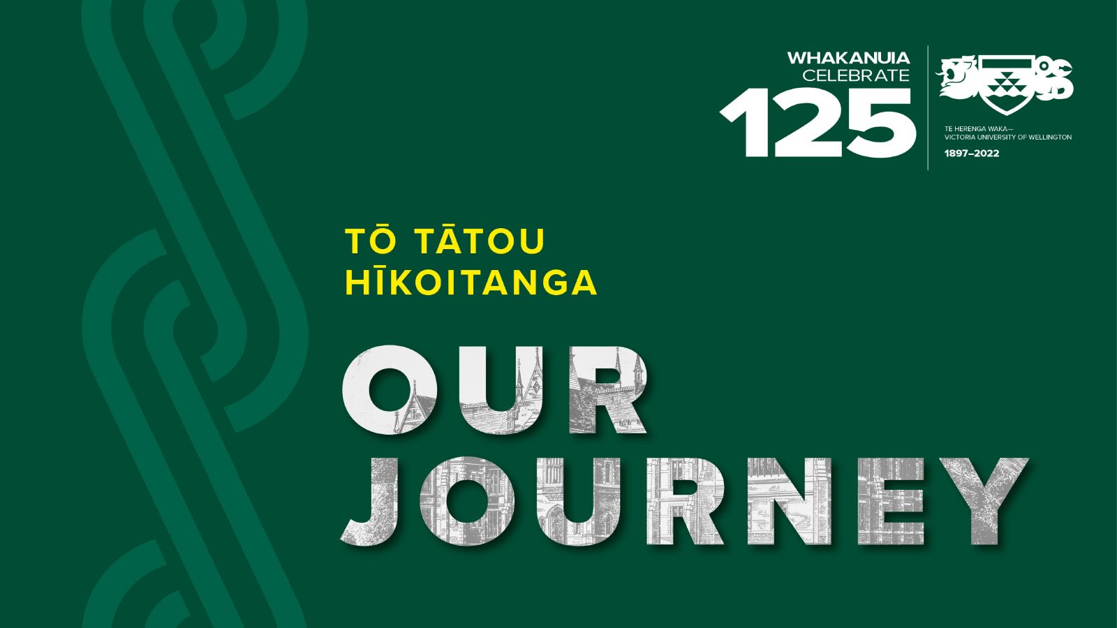 A banner image for the University's 125th anniversary featuring the words 'To Tatou Hikoitanga - Our Journey' on a green background.