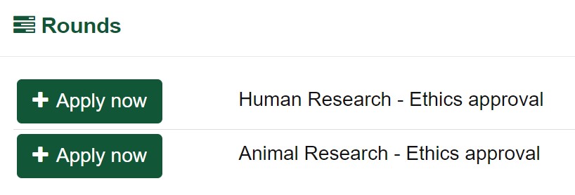 Screenshot of the Hokai Apply Now buttons for animal or human ethics applications