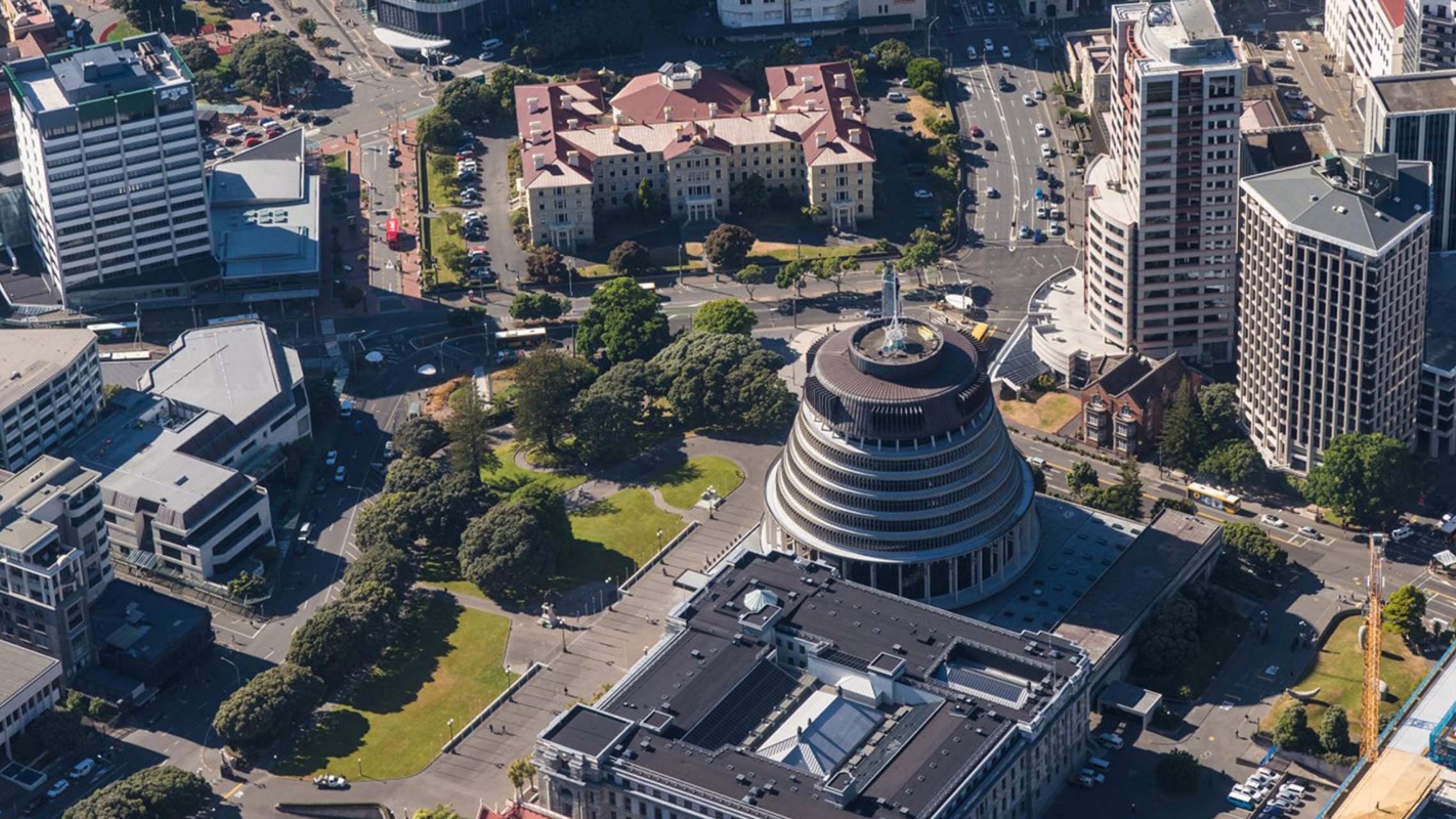 Aerial view of central Wellington focusing on Beehive buildings