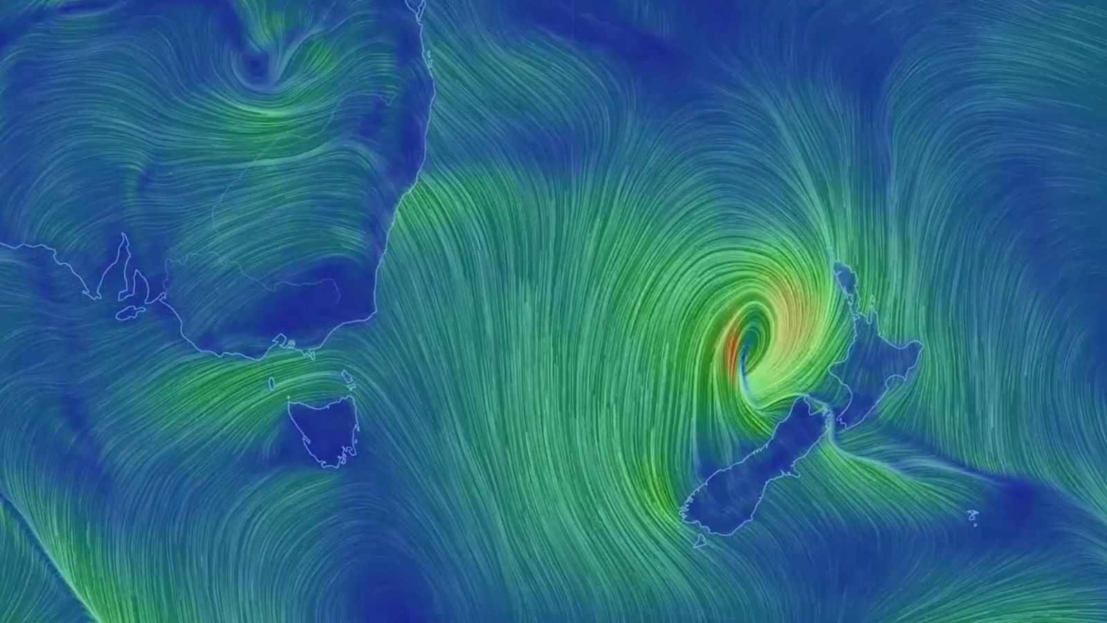 Blue and green computer model of storm system between Australia and New Zealand