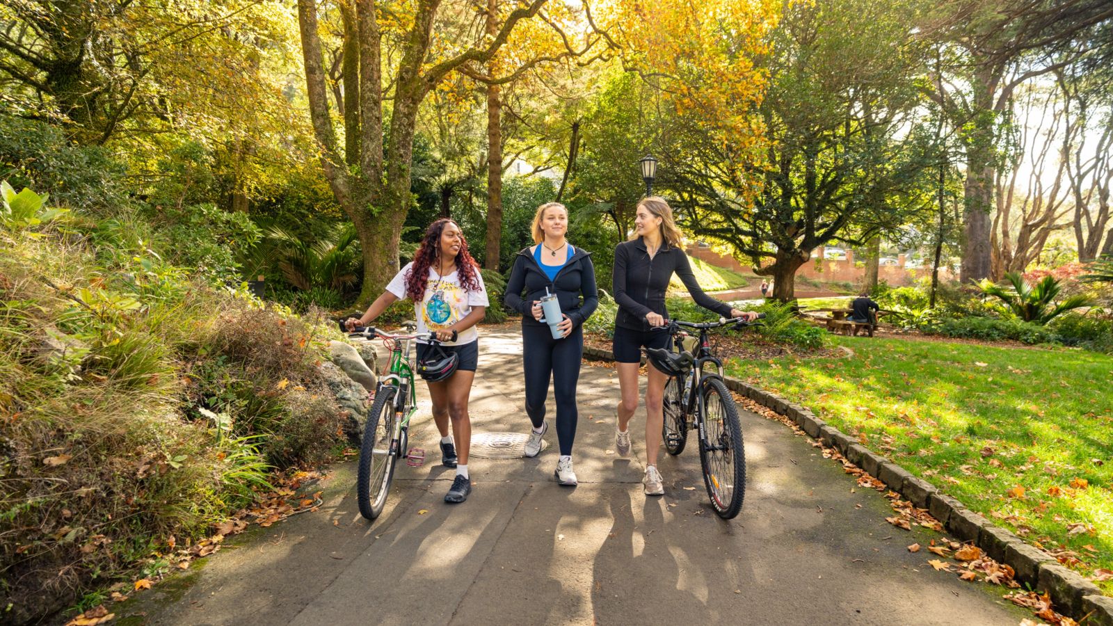 Three young adults walking through the botanic gardens with their bicycles