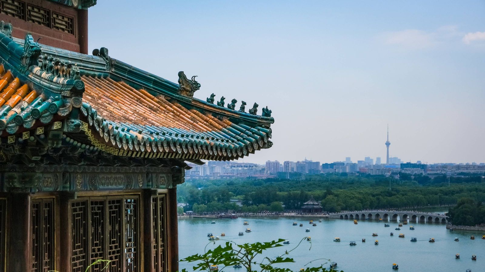 Chinese temple with cityscape in the backgroun