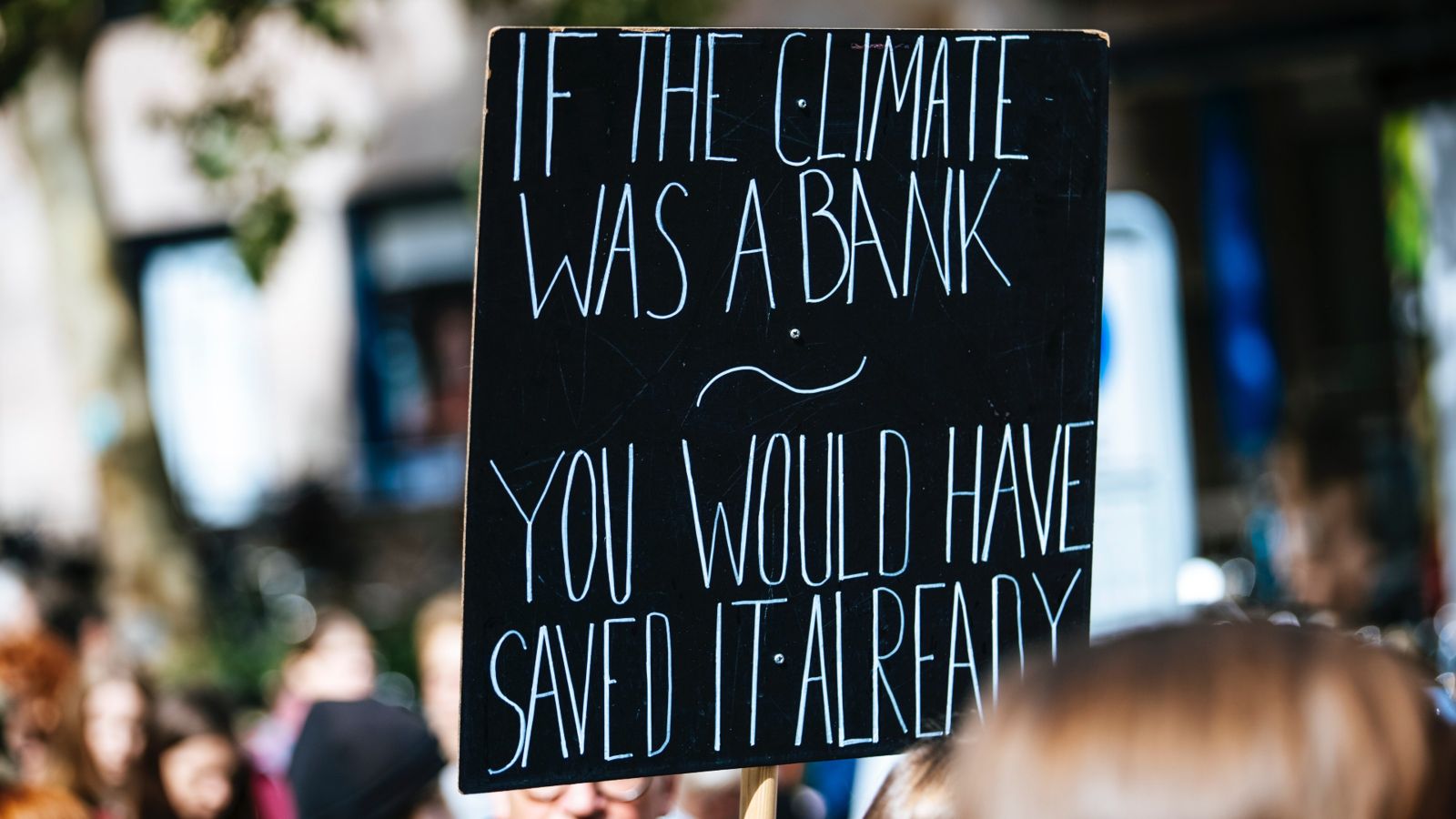 Climate change protest showing sign reading 