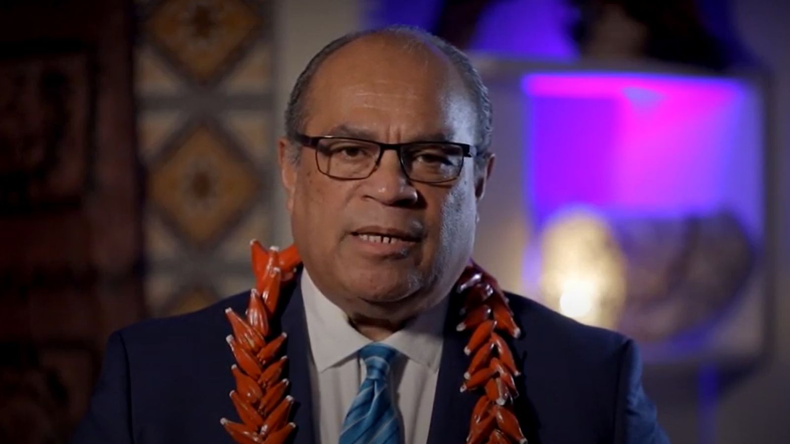 Head and shoulders view of Aupito William Sio, Minister for Pasific Peoples, from a video.