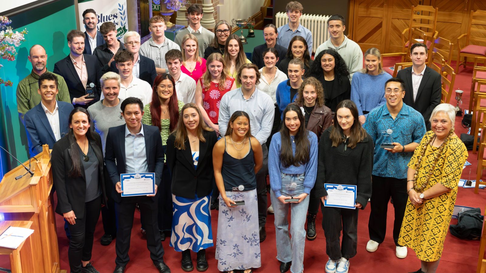 A group of smartly dressed students who received the Blue Award.